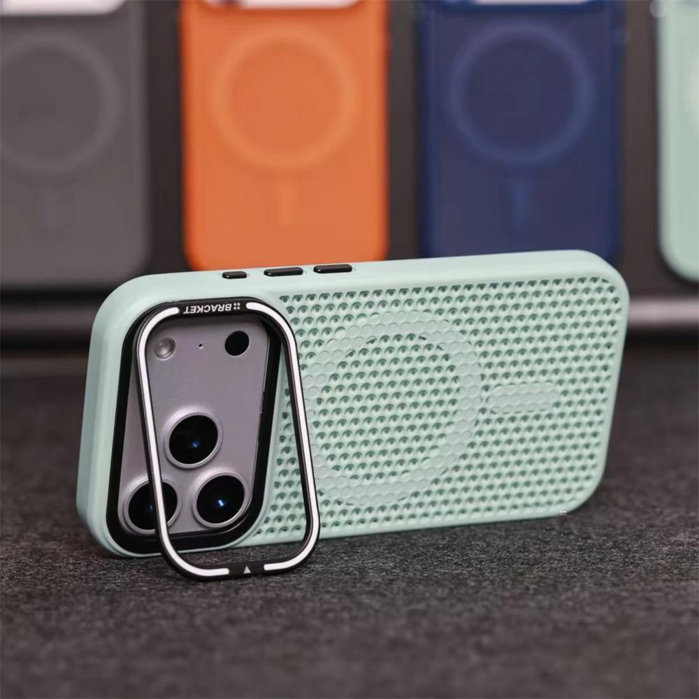 

Invisible Lens Stand Honeycomb Grid Mesh Cooling Case For iPhone17 16 Pro Max 15 Plus 14 13 12 Magsafe Shockproof Magnetic Cover For iPhone 17Pro Max