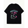 Oversized T-Shirt Black Cat Graphic Print With AHOTERO NEW YORK Text Casual Streetwear Style For Women