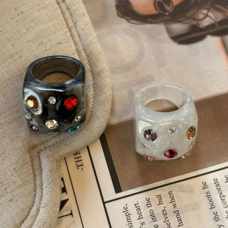 New Colorful Resin Geometric Square Ring Colorful Diamond Inlay Fashion Trend Ring for Women Girls Elegant Aesthetic Jewelry