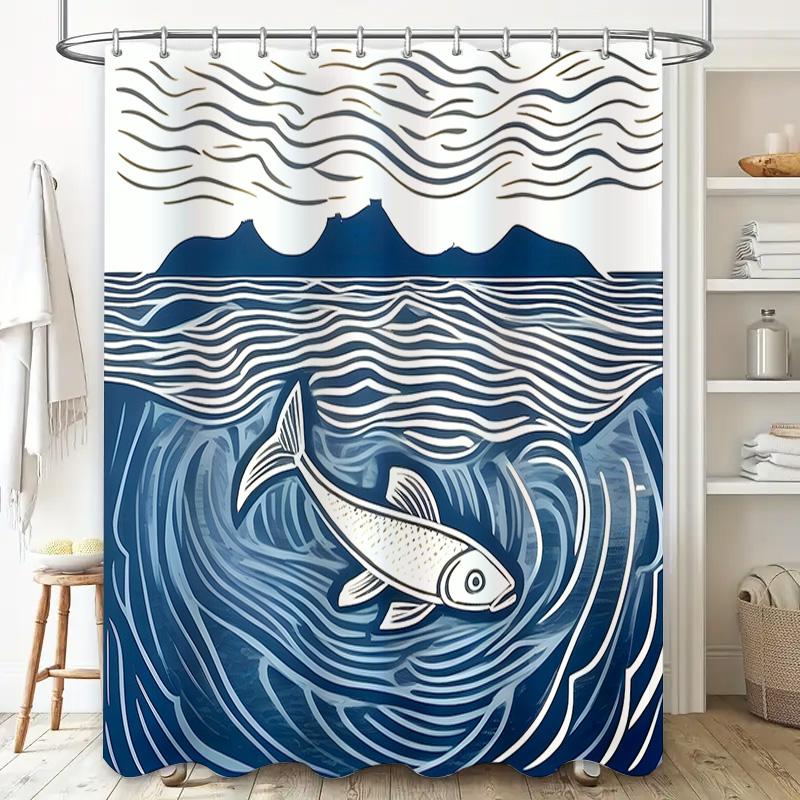 Blue Wave Fish Waterproof Shower Curtain Bathroom Decor Printed Fabric Custom Size 180x240cm Modern Minimalist Style Suitable Fo