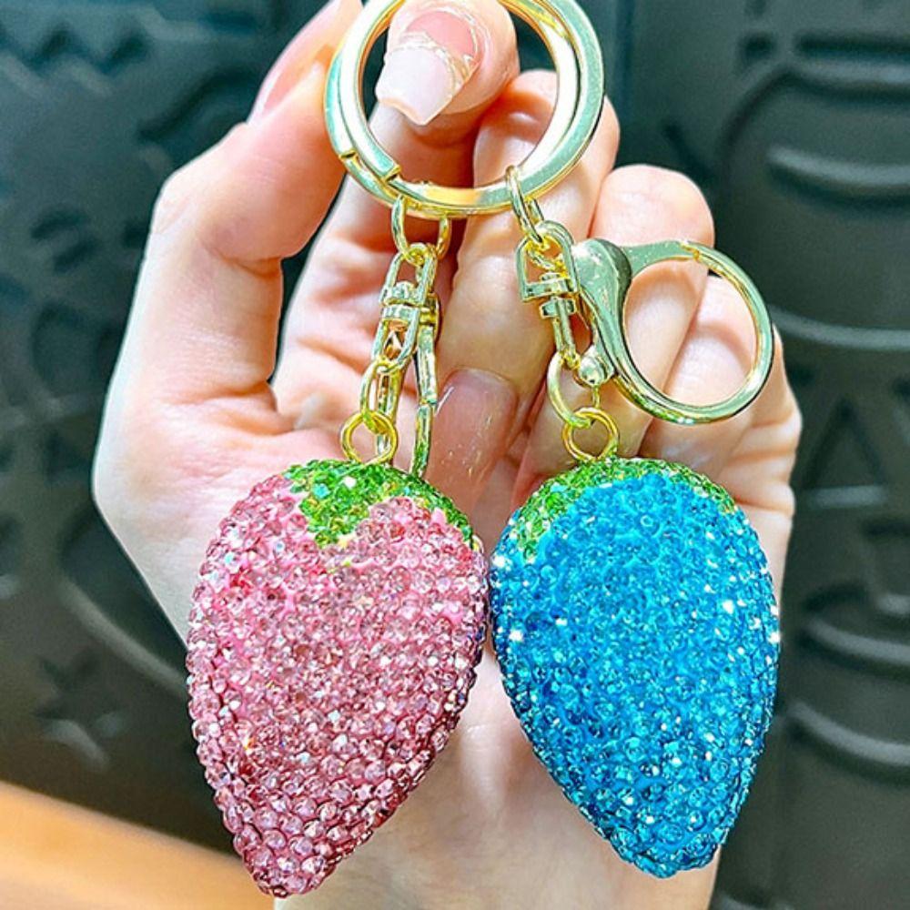 Crystal Rhinestone Pendant Metal Car Keyring Sweet Strawberry Rhinestone Keychain  Women Girl