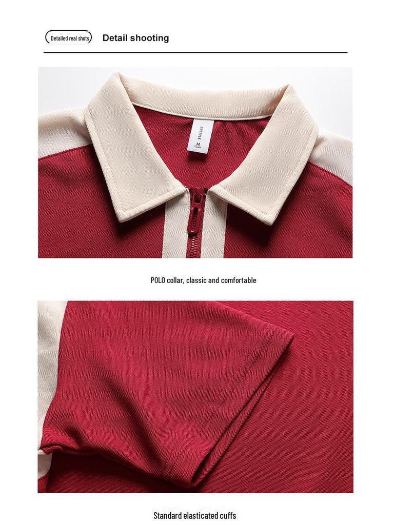 Trendy College Style Contrast Polo: Heavy 240g Pearl Cotton, Half-Zip, Drop Shoulder, Short Sleeve