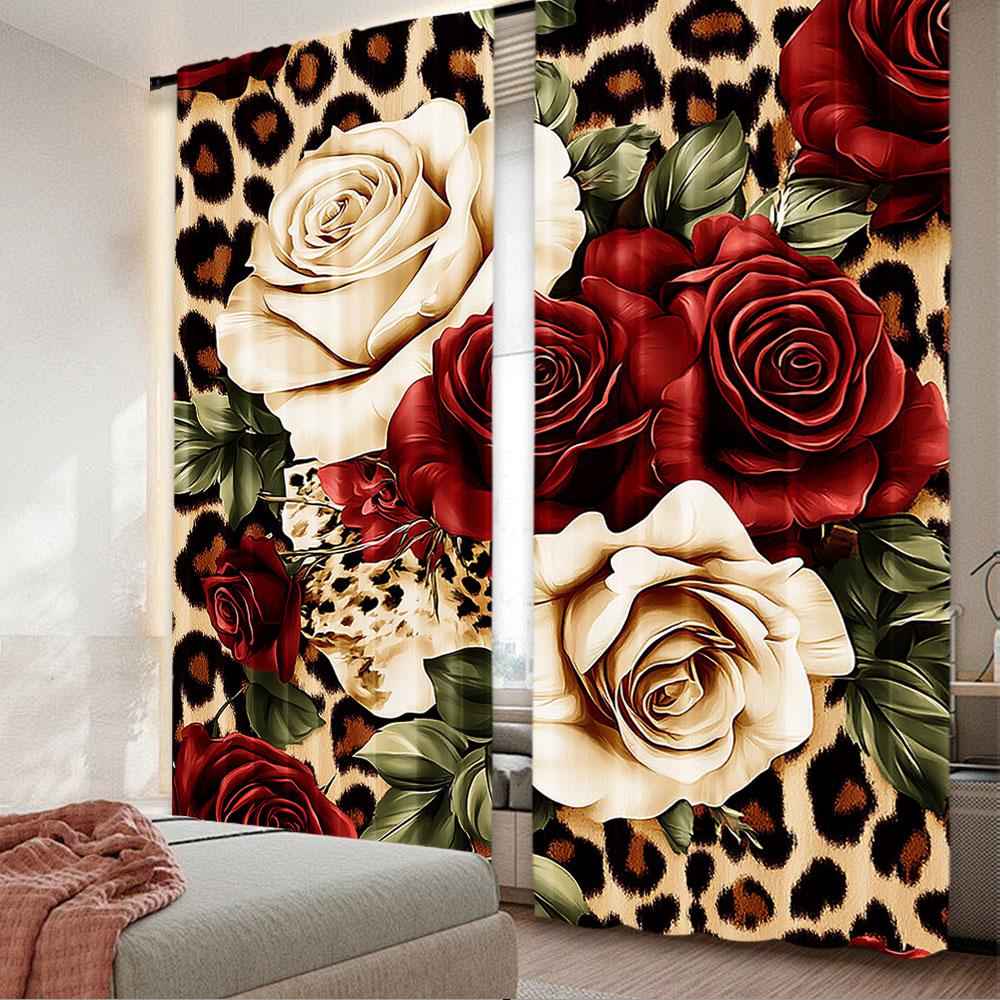 

2 шт. Леопардовая штора Красно-белая Розовая Цветочная штора Женщина Любовник Романтическая Цветочная Ботаническая Для Спальни Гостиной И Столовой 29x65in(75x166cm)