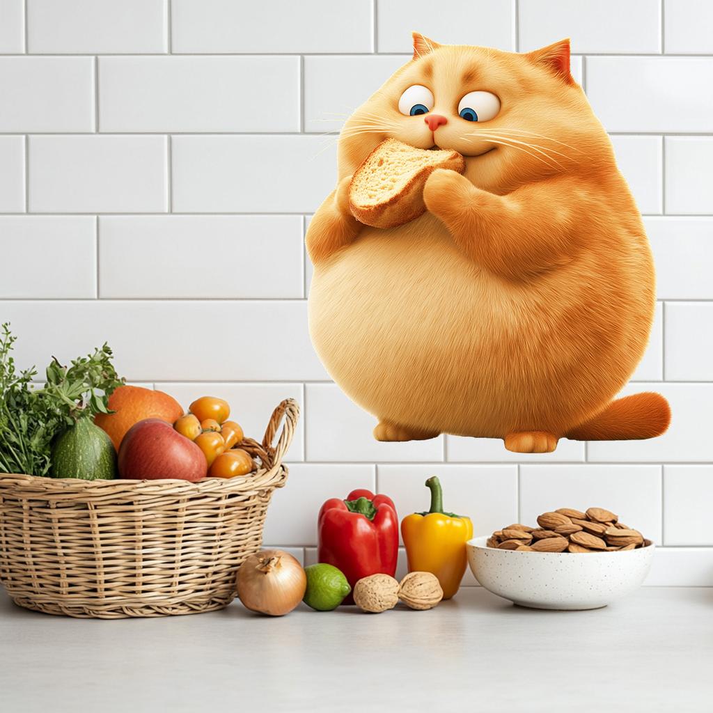 Verspielter dicker Katze isst Brot Wandaufkleber Selbstklebend Abnehmbare Decals für Kinderzimmer Kinderzimmer Wanddeko