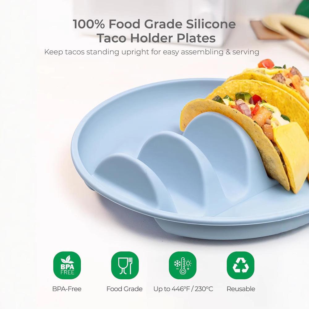 Silicone Taco Serving Tray Set of 2 Multi-Slot Non-Slip Holder for Soft Hard Tacos Dishwasher Safe Kitchen BBQ Versatile Plates