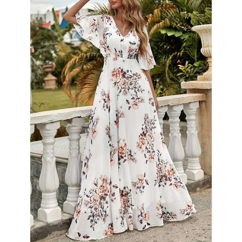 2026 Summer Floral V-Neck Long Sleeve A-Line Lightweight Stretch Skirt M белый