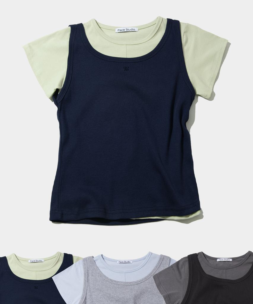 PLACE STUDIO Pintuck Cut-Out Logo Embroidery Sleeveless Set Short Sleeve T-Shirt_ 3 Colors