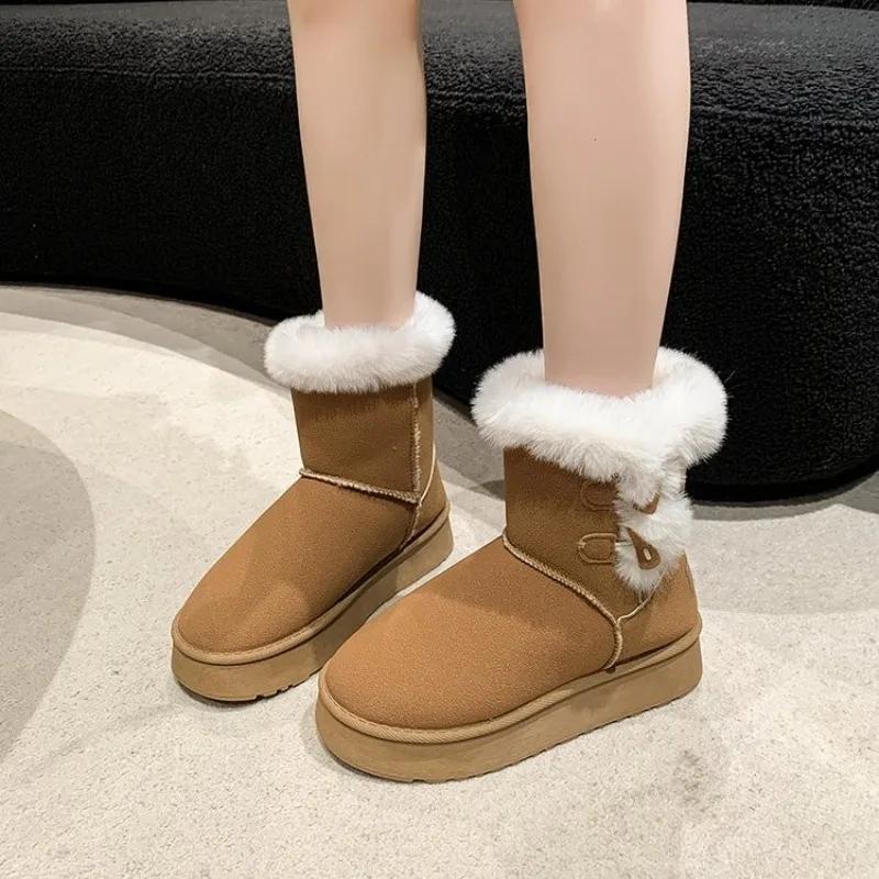 Fashion Winter New Thick Snow Boots Women Fashion Round Head Suede Horn Buckle Anti-slip Wear-resistant Mid-calf Boots
