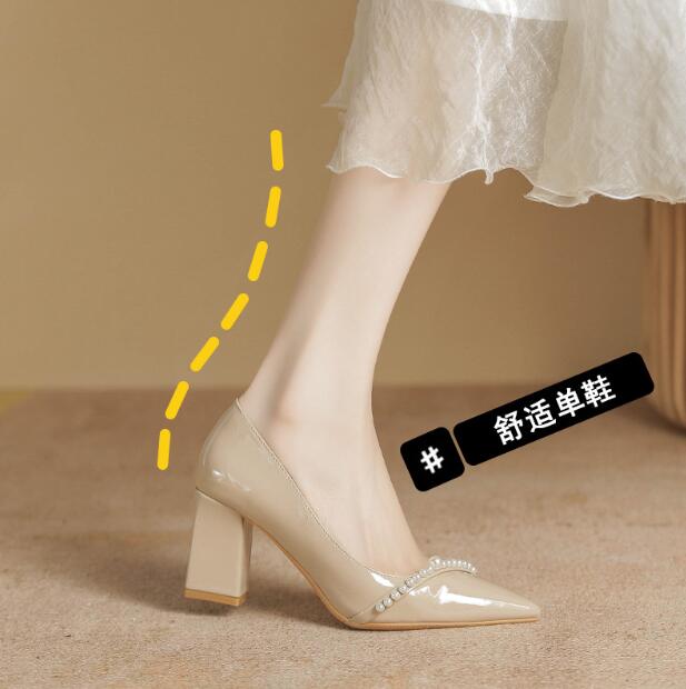 Spring Patent Leather Slip-On Chunky Heels High Heels  Shoes Pointed Toe Shallow Women's Wedding Office Shoes Female Pumps