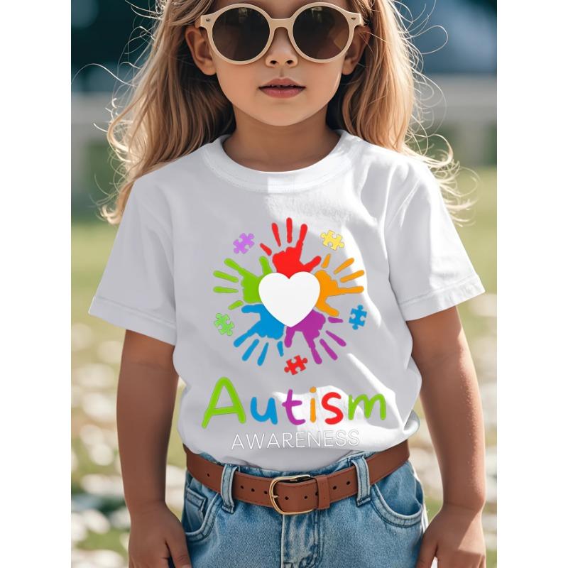 European Size Childrens Autism Awareness T Shirt Suitable for Boys and Girls Puzzle Pieces and Rainbow Handprint Design Short Sleeved Casual Shirt