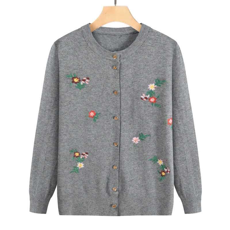 Damen Knopf Pflanzen Blumenbestickt Strickjacke Langärmlig Lässiges Mode Oberteil