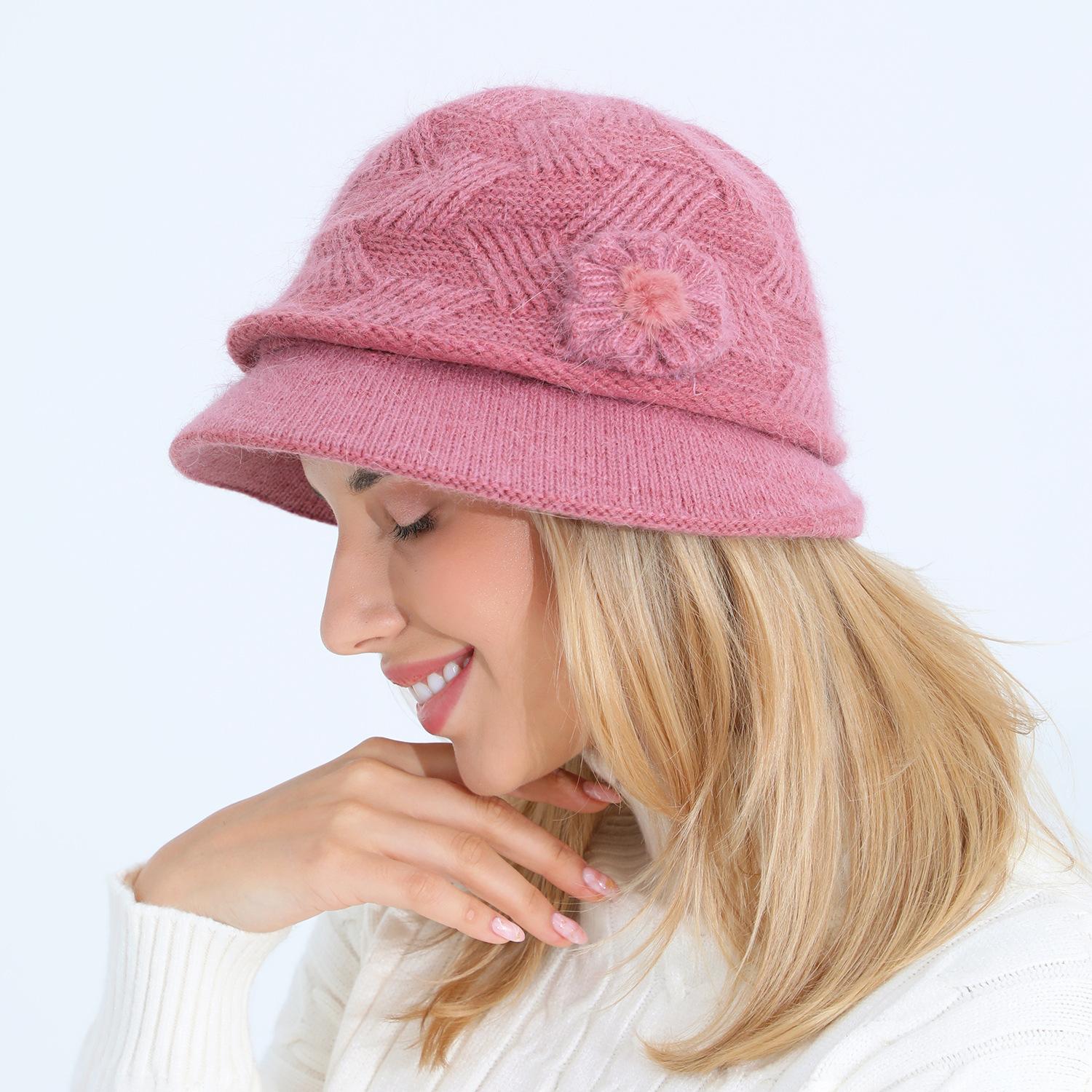 Knitted Hat New Women s Autumn and Winter Flower Fashion Mom Rabbit Wool Basin Hat Plus Velvet Thickened Warm Hat One size