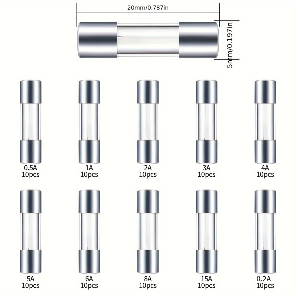 100 Pcs Glass Fuses Assortment Kit, 5x20mm Fast-Blow Glass Tube Fuses, 0.2A/0.5A/1A/2A/3A/4A/5A/6A/8A/15A