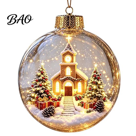 LED Christmas Indoor Decor Lighted Ornaments, 3D Miniature Scene Hanging Balls with Warm Light, Cute Party Supplies Reindeer Penguin Bear Clear
