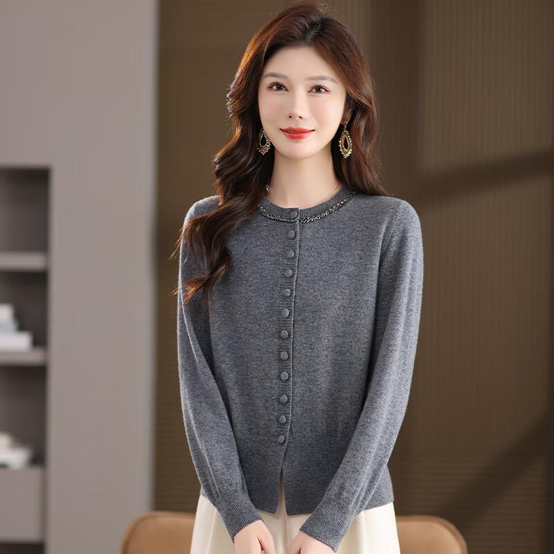 Women's 100% Pure Wool Round Neck Knitted Cardigan