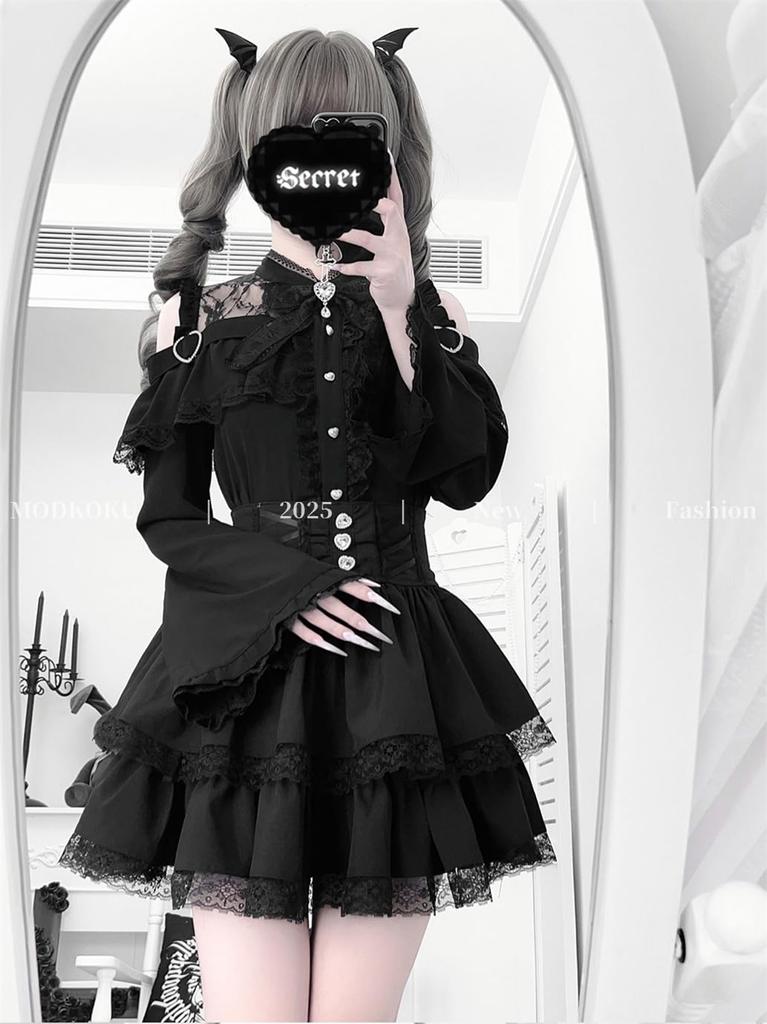 Lolita Kleid mit Prinzessin Gothic Lolita Stilvoll Große Größe L [MODKOKU] Damen Off-Shoulder Ärmel, Massenware Spitze, Stil, Rüschen, Schnürung