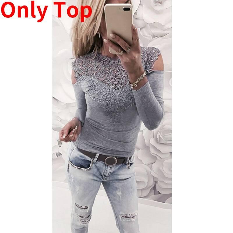 Elegant Spring Collection Sexy Lace Shoulder Cutout Cotton T-shirt Top In Gray Pink White And Black