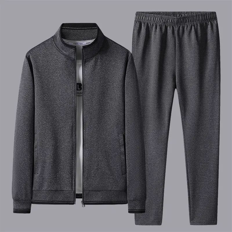 Men's Simple Plus Size Set, Middle Aged and Elderly Long Sleeve Jacket+Pants Sports Two Piece Set