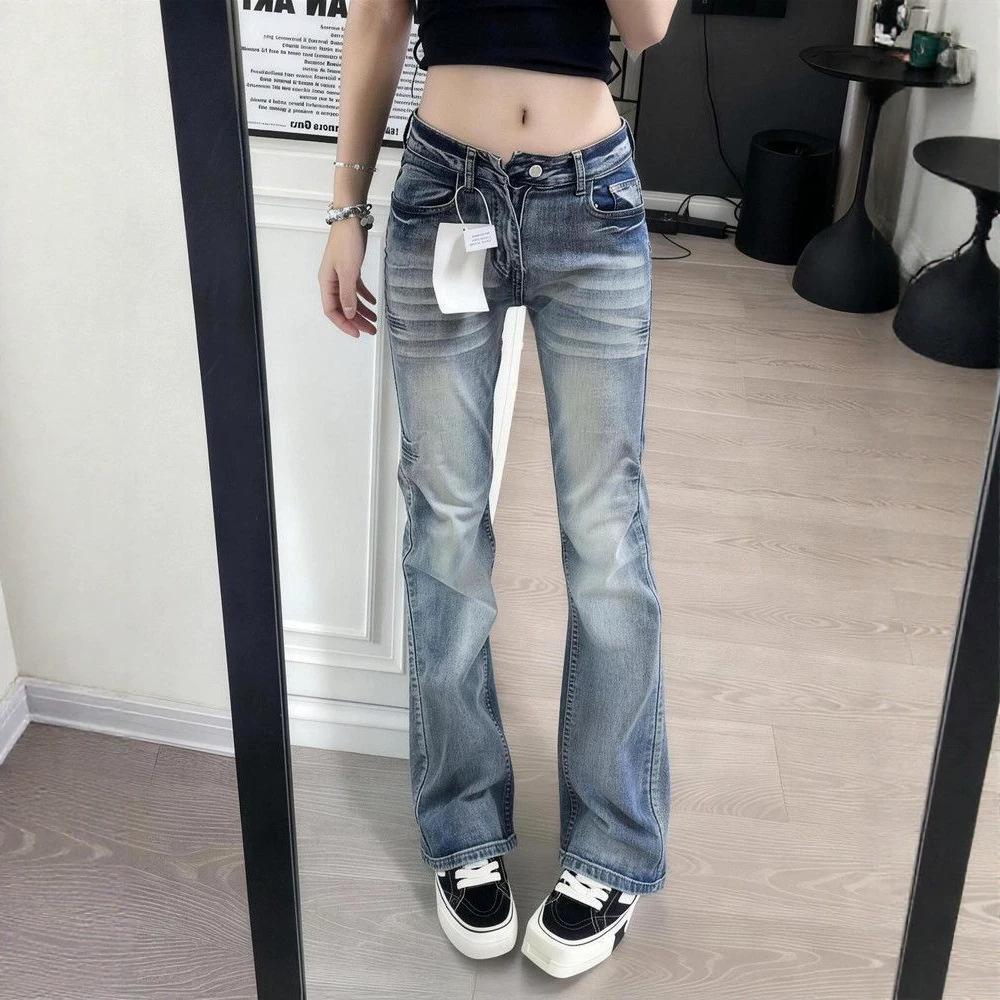 Women's Low Waisted Washed Micro Flare Jeans Slim Fit Retro Stretch Denim Pants for Summer