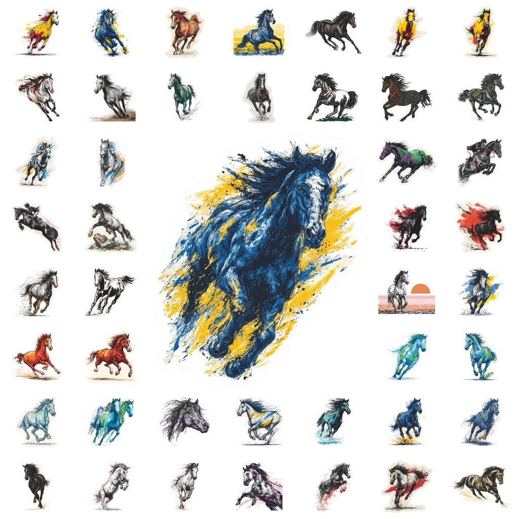 56-Piece Year of the Horse Watercolor Stickers: Chinese Style for Notebooks, Phones & DIY Journals