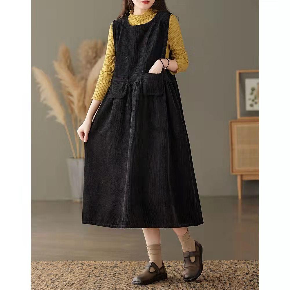 Vestido de Tirantes de Pana para Mujer Otoño Invierno Nuevo Estilo Estilo Retro Pequeño Suelto Largo Medio Camiseta sin Mangas Falda