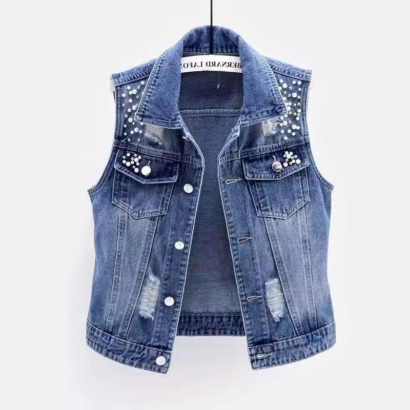 Women Denim Vest Pearls Spring Autumn Jeans Jacket Sleeveless Loose Short Coat Waistcoats Streetwear Female