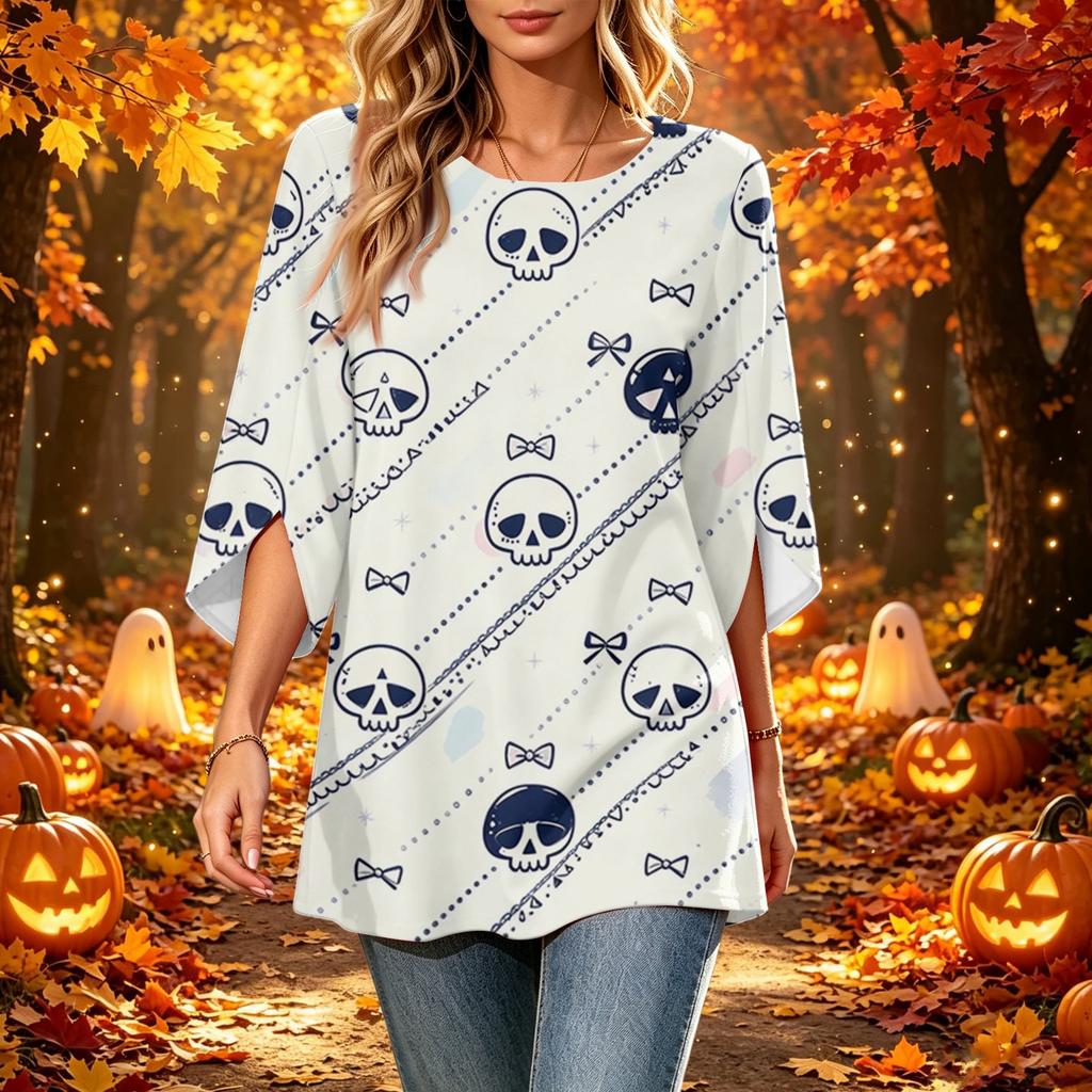 Women's Halloween Print Casual Top, Round Neck, Three-Quarter Sleeve, Loose Fit