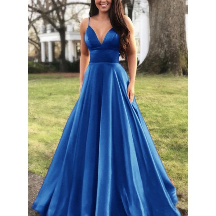 Summer new European and American women's clothing sexy V-neck dress suspender solid color sleeveless fashion evening dress