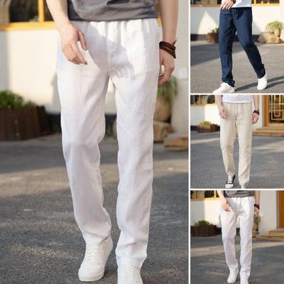 Heren Linnen Casual Broek Effen Kleur Rechte Pijp Broek Trekkoord Taille Dunne Zomerbroek voor Streetwear Reizen Vakantie