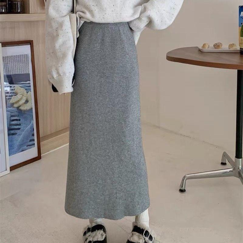 Bodycon A-Line Women's Black Knitted Maxi Skirt Autumn Winter High Waist Slim-Fitting Ankle-Length Straight Skirt