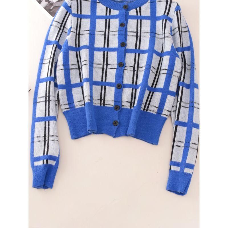 round Neck Single-Breasted Contrast Color Imitation Mink Outerwear Foreign Trade Original Order Loose Version Plaid Autumn and Winter Women Cardigan