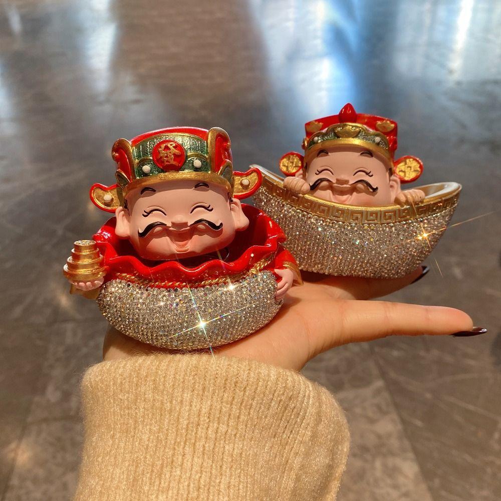 Resin Rhinestone God of Wealth Ornaments Red Gold Mascot Ornament Feng Shui Statue  Car Decoration