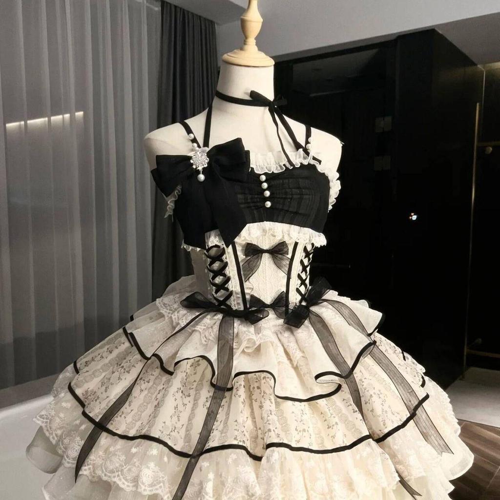 Dolce Lolita Abito Nero Donna Casual Y2k Abbigliamento Giapponese Kawaii Vestito Abbigliamento per Feste Serali Vintage Chic Capospalla Estivo Ragazza
