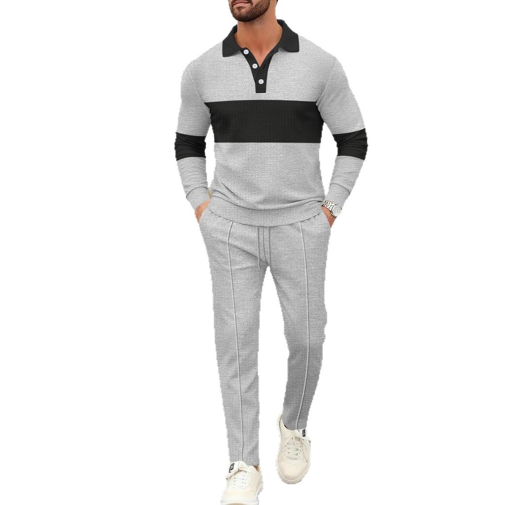 2025 Men's Autumn Waffle Sweatshirt & Pants Set - Casual Long Sleeve Lapel Design