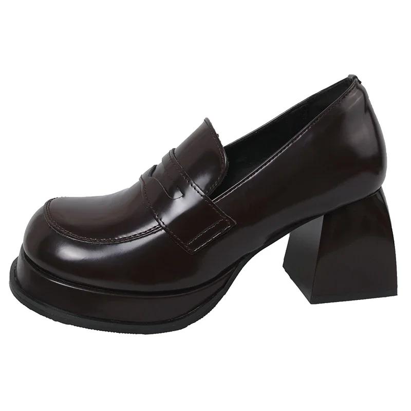 Vintage Patent Leather Platform Women Jk Pumps Shoes Fashion Shallow Slip On Shoes 2025 Spring Autumn Thick Heel Shoes