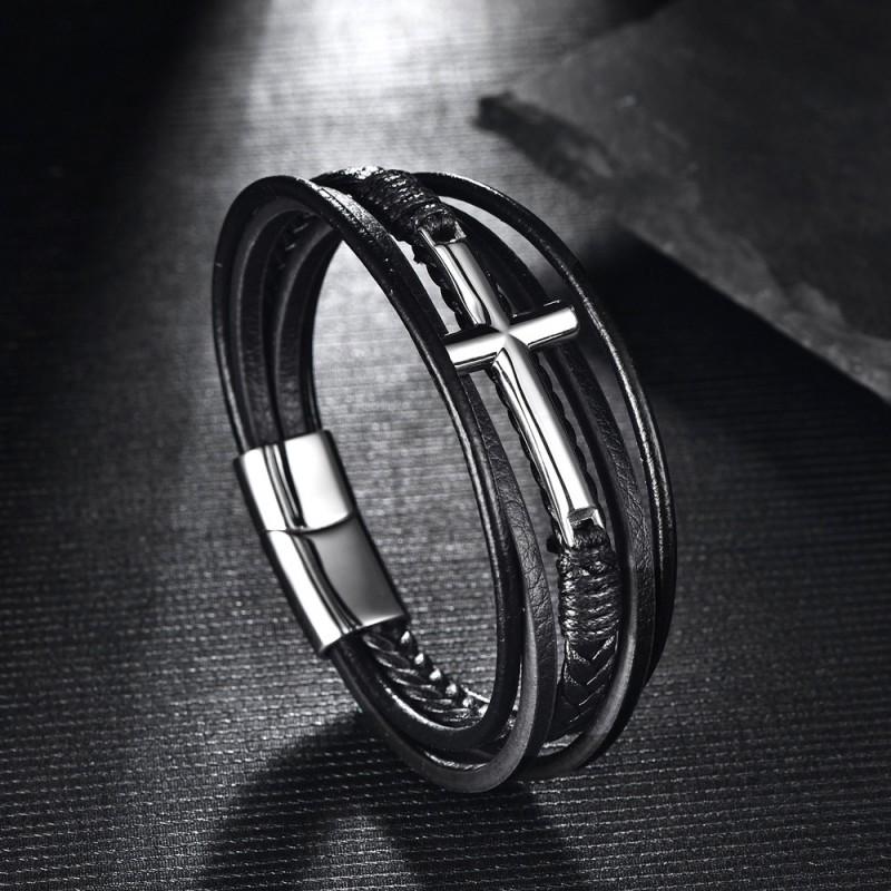 Stainless Steel Multi-Layer Handmade Braided Bracelet With Cross Charm Men Geometric Design Polished Finish