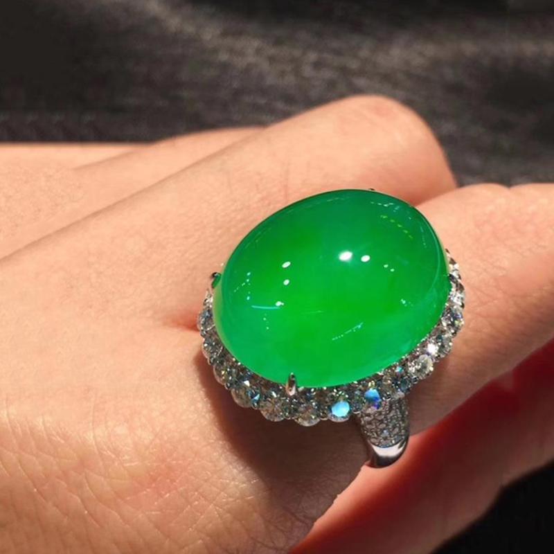 Silver Inlaid Crystal Natural Sun Green Chalcedony Oversized Egg Noodle Ring Simple and Exaggerated Women's