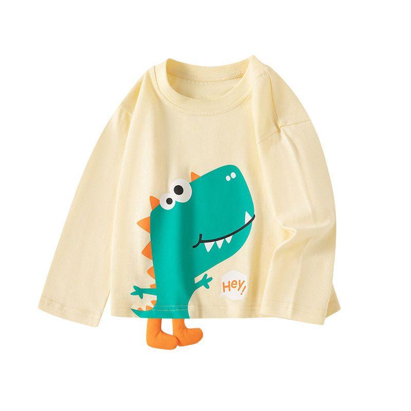 Children's Clothing Spring and Autumn Kidsren's Round Neck Long-Sleeved T-Shirt Bottoming Shirt Boys Stereo Dinosaur Top Baby Pure Cotton Clothes