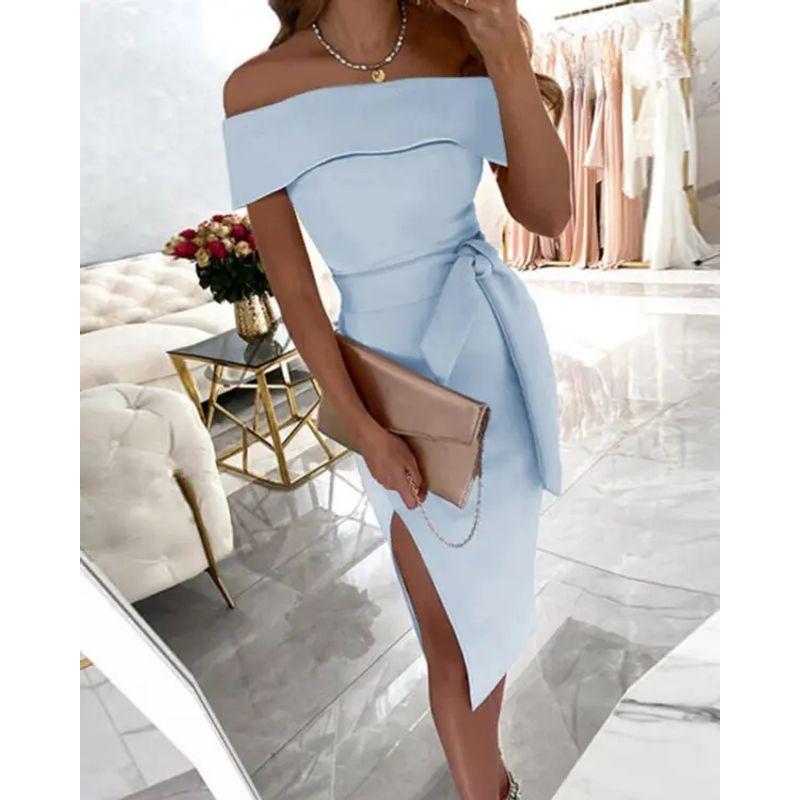

off Shoulder Sexy Split Lace up Dress off-Neck Lace-up Split Dress for Women Sky Blue 2XL