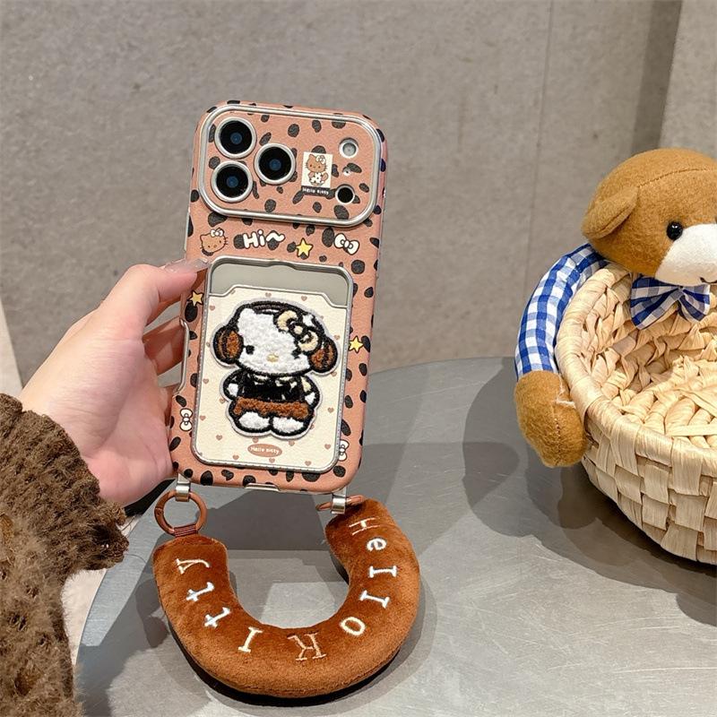 Leopard Print Cat Embroidered Card Holder Compatible with iPhone 17/16 Pro Max/15/14 Case