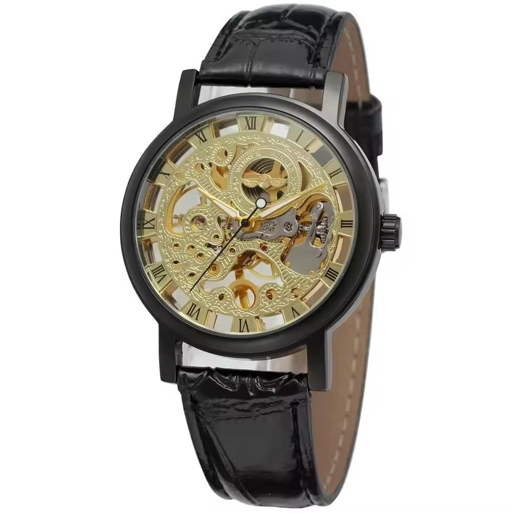 Winner Men's Double-Sided Skeleton Mechanical Watch, Gold Case with Brown/Red Strap.