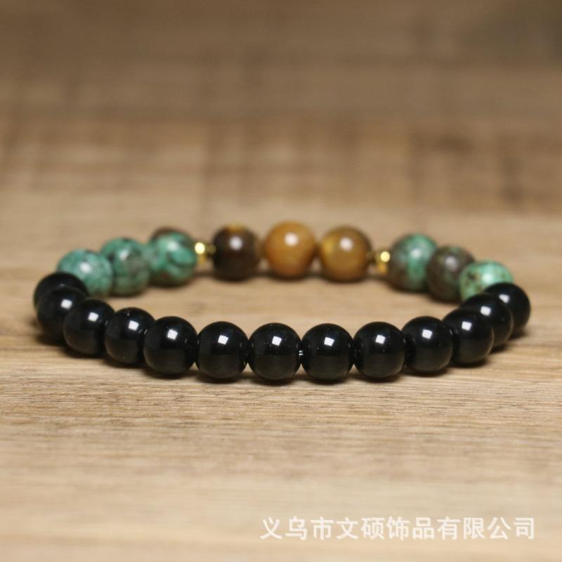 Turquoise Tiger's Eye Beaded Bracelet – Black Onyx Gold Accent Protection Jewelry, Men's Grounding Gift