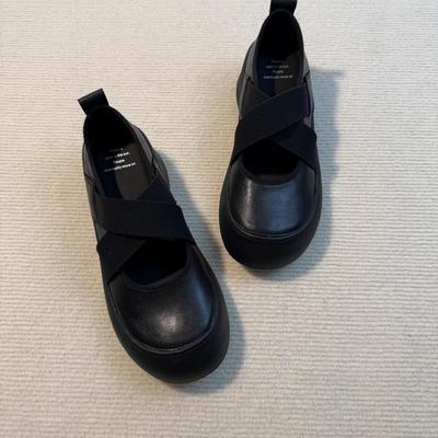 Cowhide Version~ Genuine Leather Mary Jane Single Shoes Women's Platform Inner Height Increase Silver Cross Small Leather Shoes