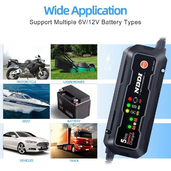 Car Battery Charger, 6V-12V 5A Smart Battery Trickle Charger Automotive Battery Charger Maintainer for Car Truck Motorcycle Lawn Mower Marine Lead