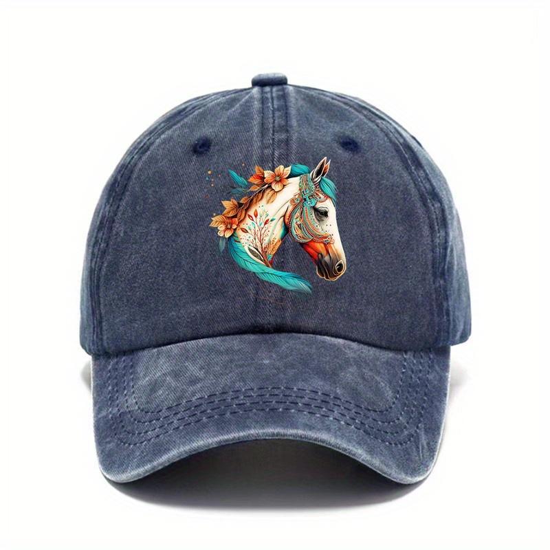 Artistic Horse Head Floral Print Baseball Cap Distressed Denim Snapback Hat Casual Outdoor Headwear