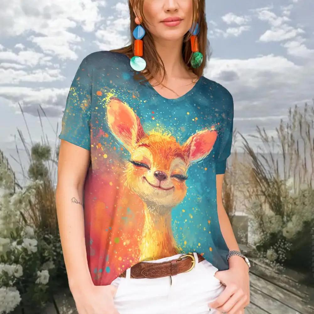 Summer Women Fashion V-Neck T-shirt Casual Cartoon Cat Tops Tees Female Colorful Short Sleeve Clothing Ladies Vintage Streetwear