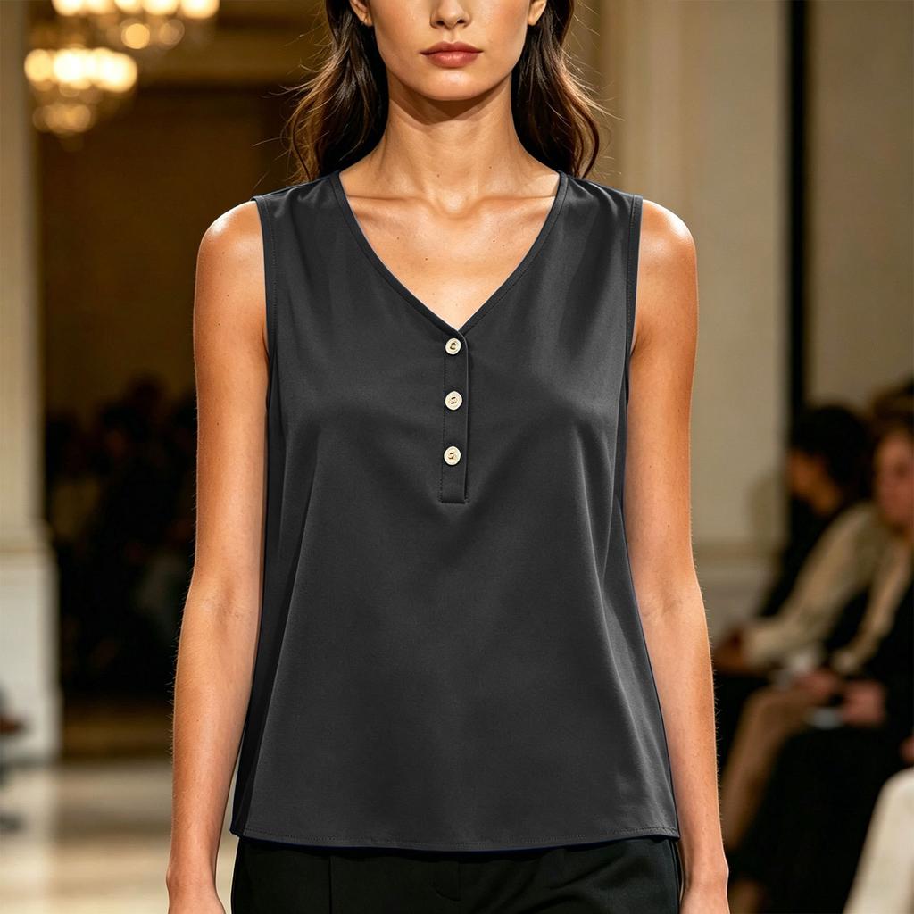 Women's Loose Fit Sleeveless V Neck Pullover Top Button Detail Casual Summer Blouse Lightweight Tank Shirt