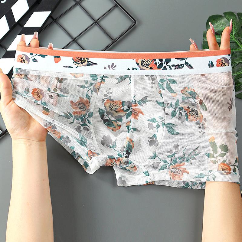 Transparent Sexy Mesh Boxers Breathable Fashion Personality Yong Man Pineapple Flower Thin Tight 6XL Large Size Underwears