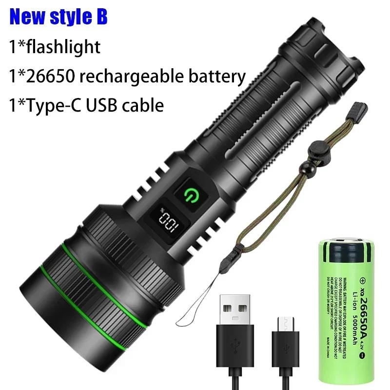 Super Bright Flashlight USB Rechargeable LED Long Range Tactical Torch Outdoor Waterproof Camping Fishing Lamp Use 26650 Battery