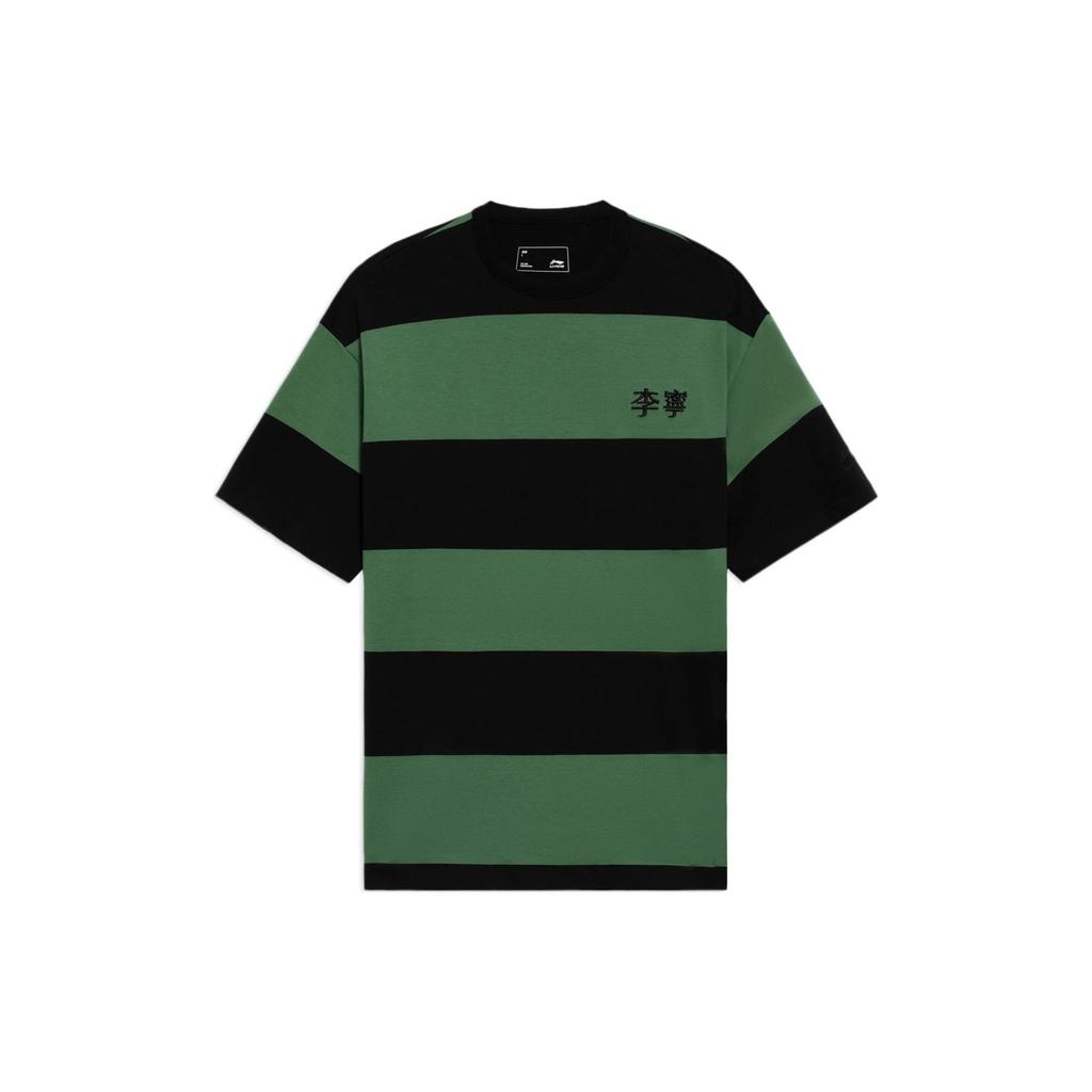 Li Ning Sports Fashion Series Color Block Striped Loose Round Neck Short Sleeve T-Shirt Men Tops Mist-Pine-Green AHSS571-5